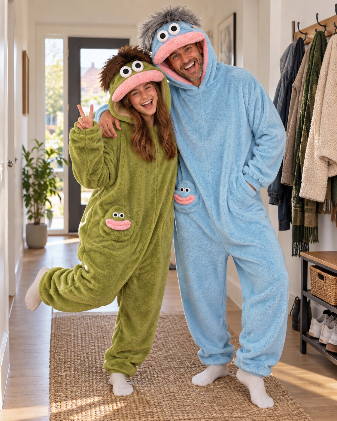 Nederlandse vader en tiener in blauwe en groene Monster Onesies