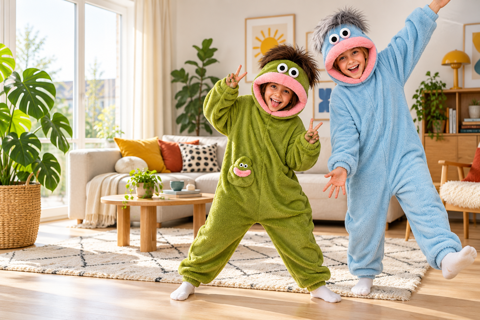 Twee Nederlandse kinderen in een groene en blauwe Monster Onesie