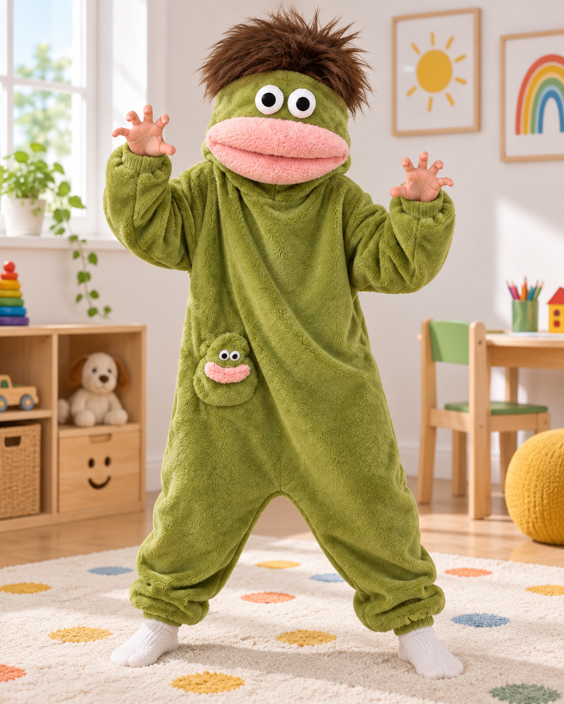 Kind in een groene Monster Onesie met de capuchon volledig gesloten voor het gezicht