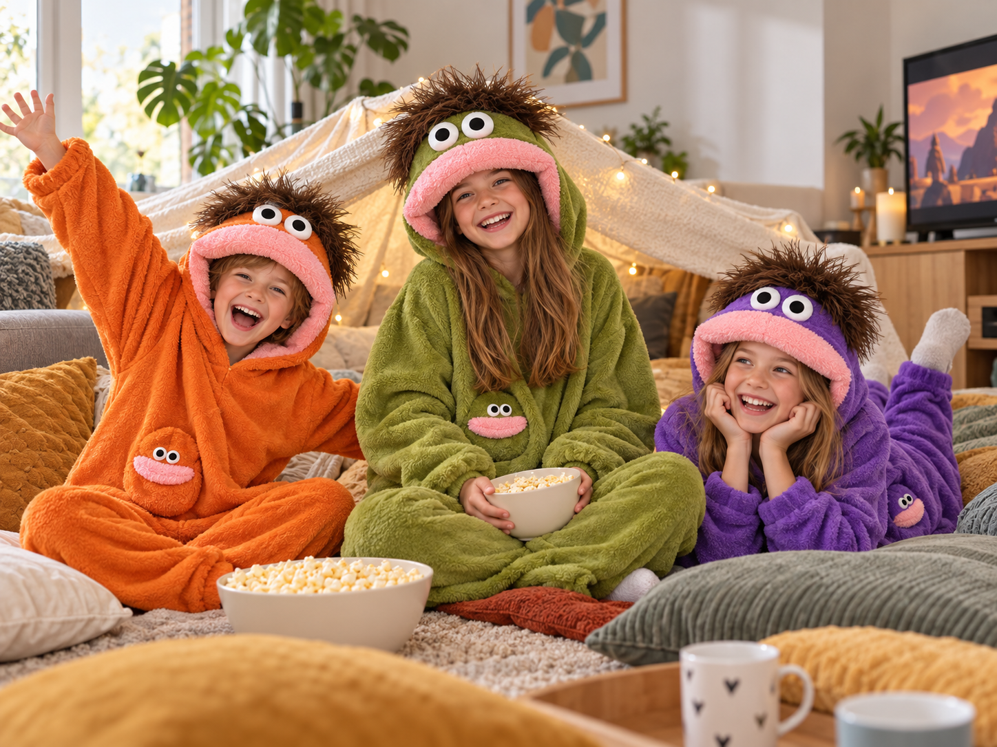 Drie Nederlandse kinderen in oranje, groene en paarse Monster Onesies bij een kussenfort
